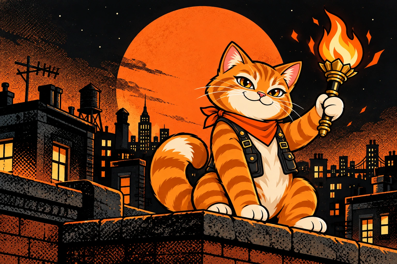 TORCHNEKO holds a torch on a city rooftop, drawn as an orange and charcoal 2D comic panel